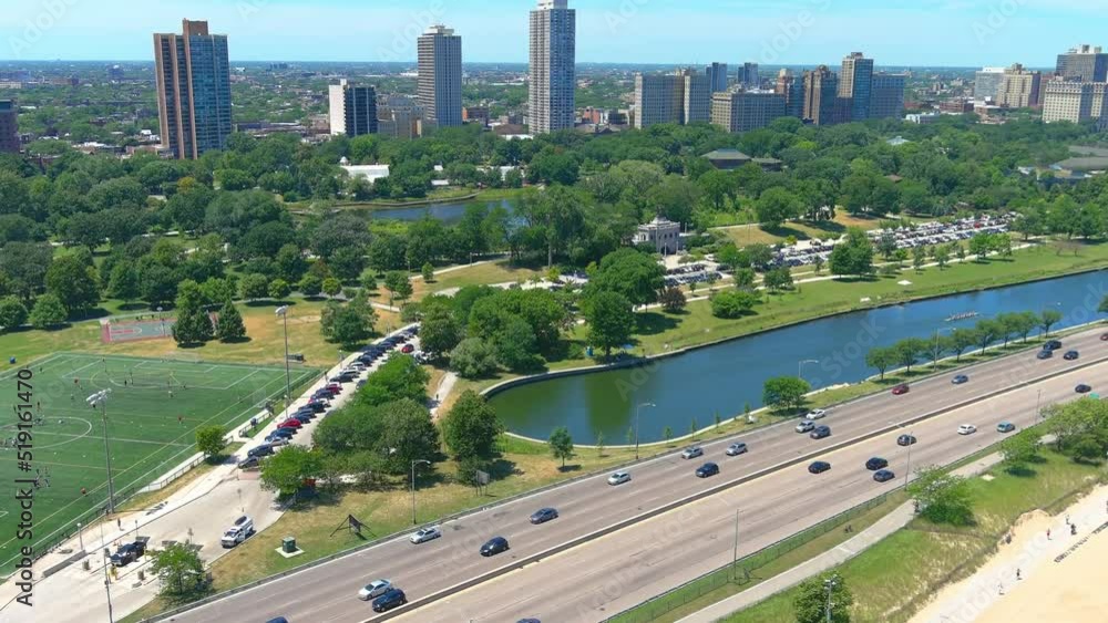 Aerial flyby shot of north avenue beach in Chicago Illinois | Afternoon lighting Aerial flyby shot of north avenue beach in Chicago Illinois | Afternoon lighting