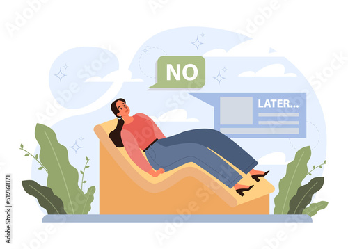 Procrastination concept. Lazy character laying or sleeping