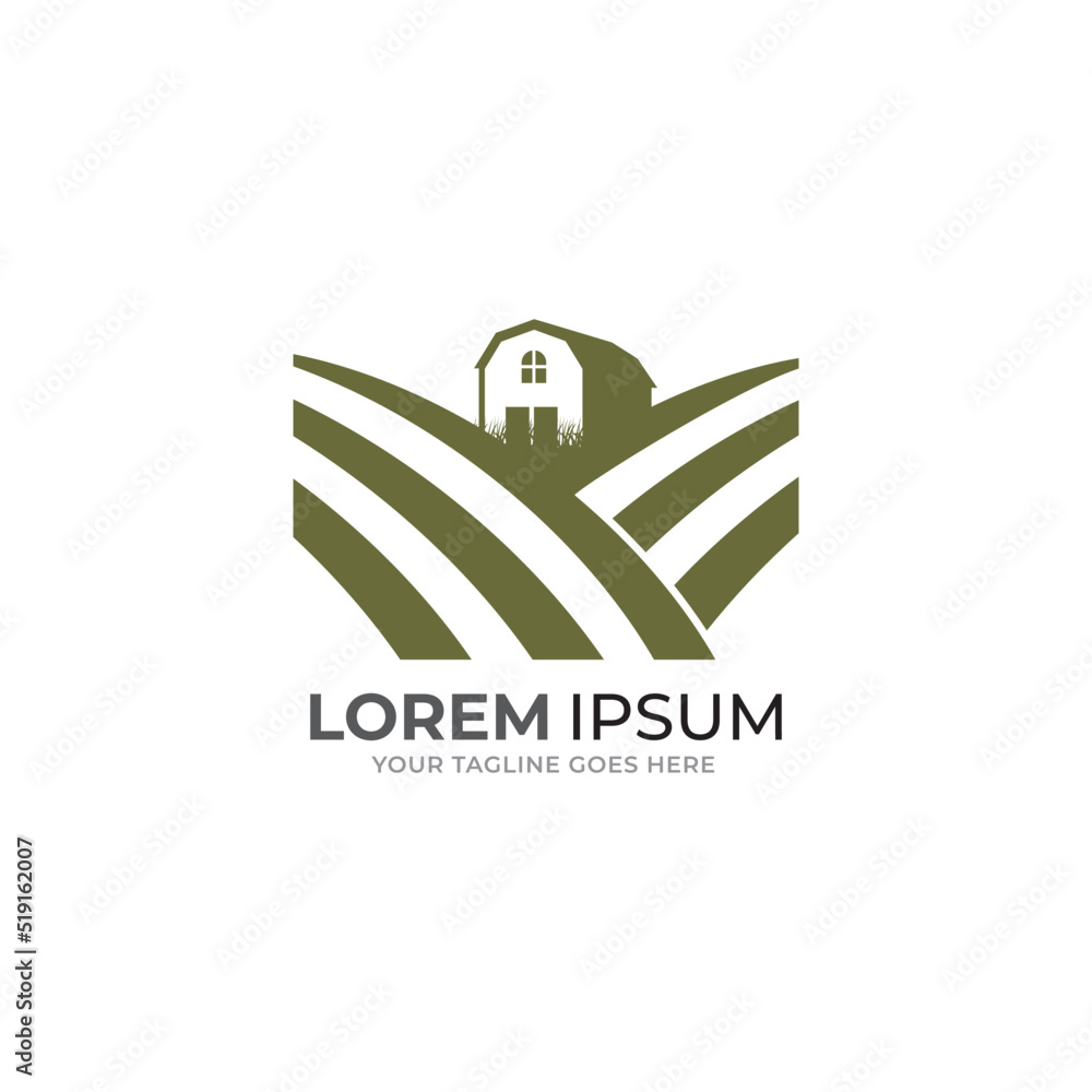 Farm House concept logo. Template with farm landscape. Label for natural farm products. Black logotype isolated on white background. Vector illustration.