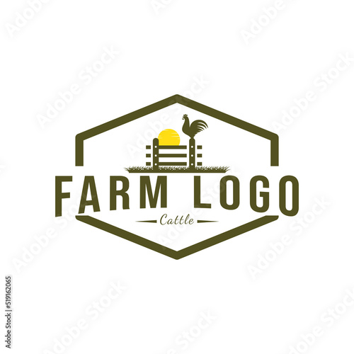 Minimalist and Simple Chicken Farm Logo.chicken farm logo vector illustration design, rooster on fence vintage logo design