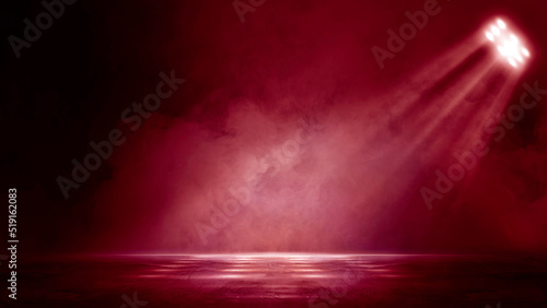 The dark stage shows, dark red background, an empty dark scene, neon light, and spotlights The concrete floor and studio room with smoke float up the interior texture for display products