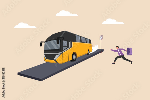 Young businessman with case running to catch bus Stop. Late concept. Colored flat Vector Illustration. © klikline