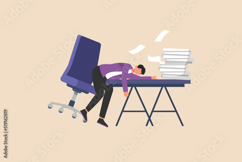 Young people are tired because of the work piled up in the office. Stress in office concept. Colored flat Vector Illustration.