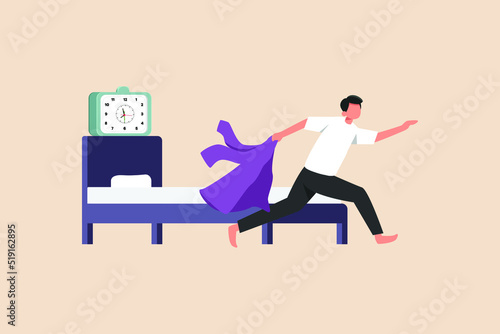 Stressed anxious businessman rushes and runs to his office, he wakes up late. Late concept. Colored flat Vector Illustration.