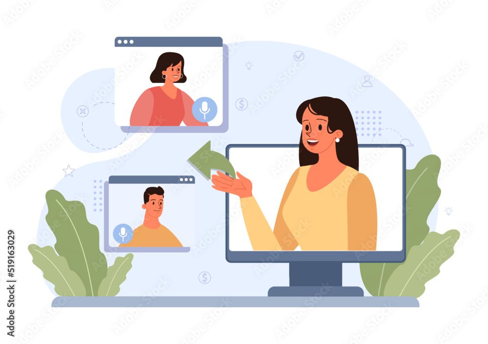 Sharing concept. Character using devices to share posts in social Sharing concept. Character using devices to share posts in social