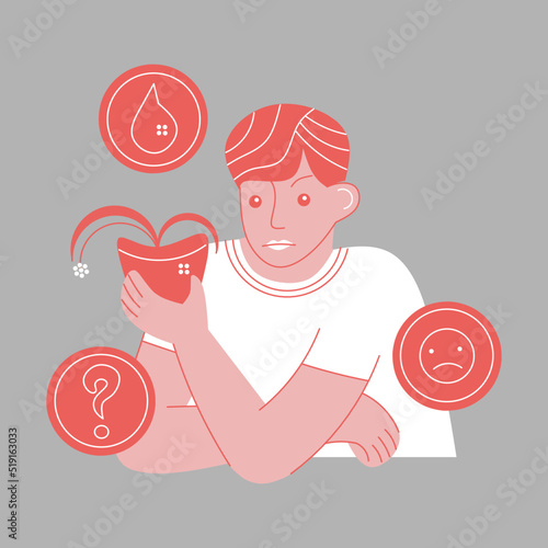 Cartoon style vector illustration of a guy holding a dying plant