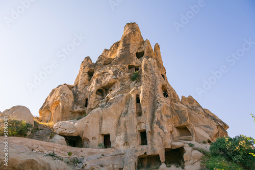 Unique geological formations in Cappadocia, Central Anatolia, Turkey. Cappadocia Region with its valley, canyon, hills located between the volcanic mountains Erciyes, Melendez and Hasan