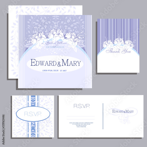 wedding invitation card with tender violet flower, rsvp card, thank you card, 
