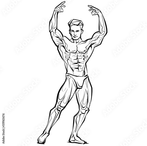 Bodybuilder muscle man fitness posing Black And White Isolated Hand Drawing Vector Illustration Image