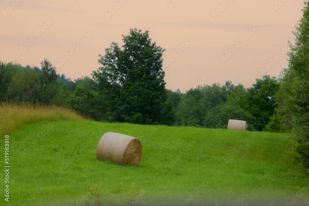 Huge hay bale in a field after July harvest in Quebec, Canada
