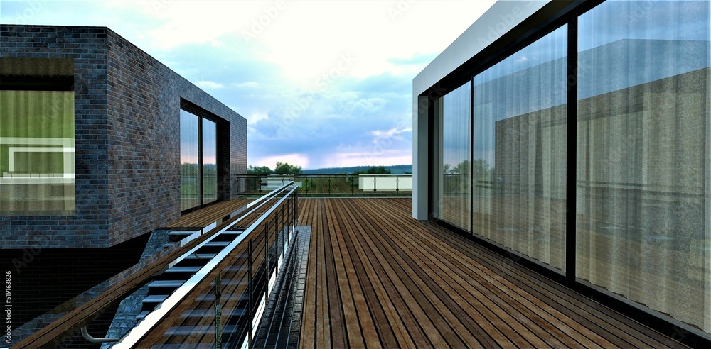 Fototapeta premium Rooftop patio of an advanced high-tech home. Terrace board flooring. Steel and glass railing. 3d render.