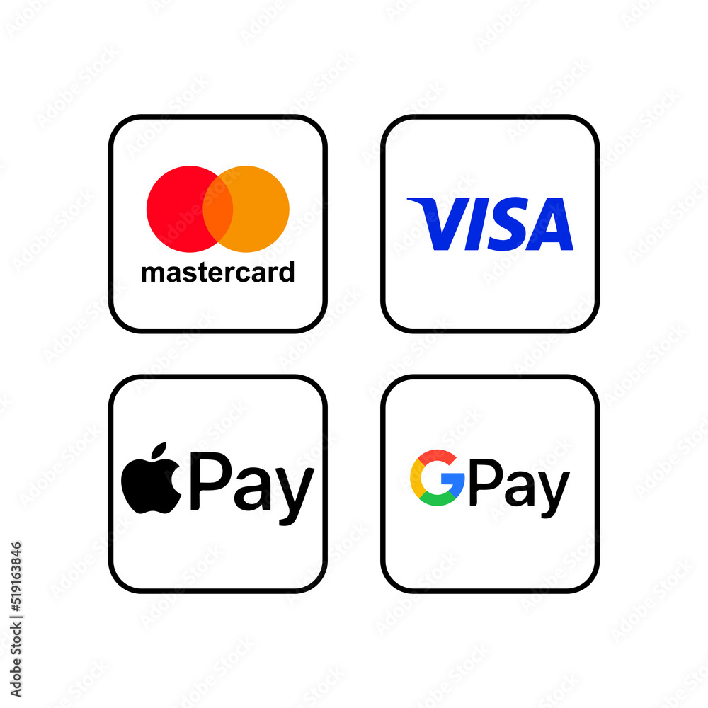 Payment set icon. Mastercard, Visa, Apple pay, Google pay, contactless  payment, order, bank, card, money. Payment system concept. Vector line icon  for Business and Advertising Stock Vector