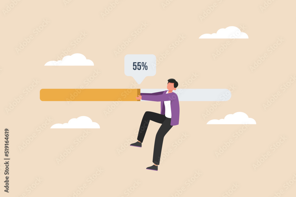 Businessman pulling progress bar up to maximum position. Measurement and performance concept. Flat vector illustration isolated.