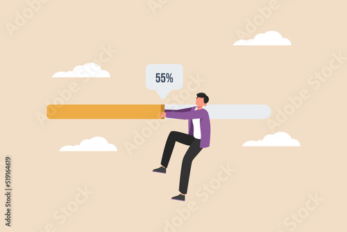 Businessman pulling progress bar up to maximum position. Measurement and performance concept. Flat vector illustration isolated.