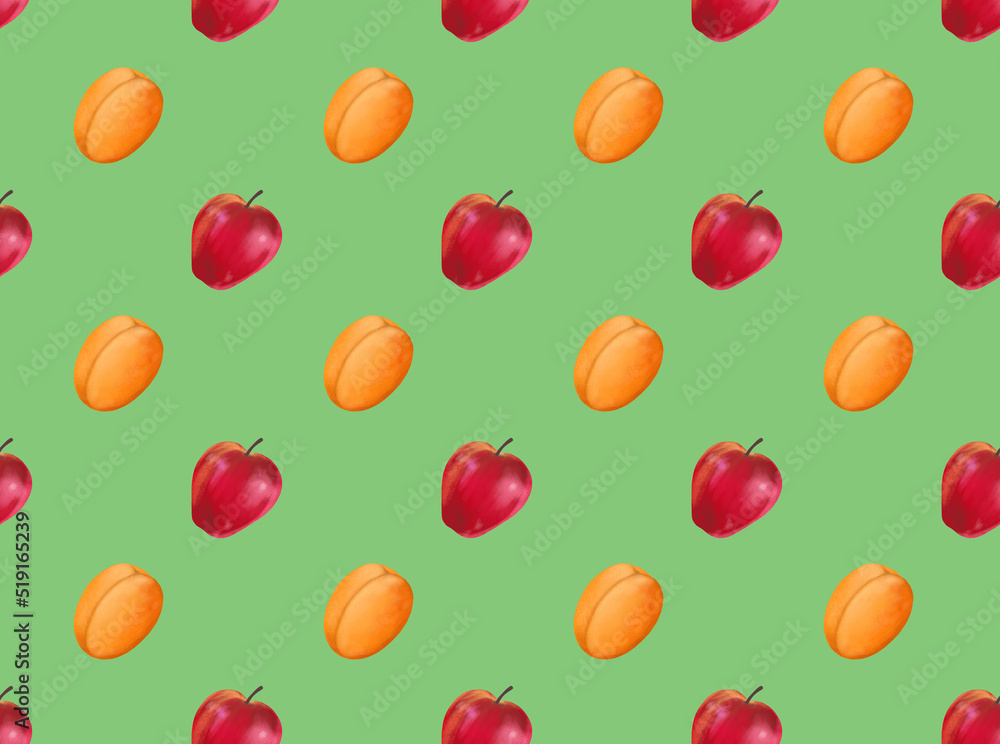 Seamless fruit pattern with apples and apricots isolated on a green background. Decorative element and wrapping paper. Seamless fruit pattern with apples and apricots isolated on a green background. Decorative element and wrapping paper.