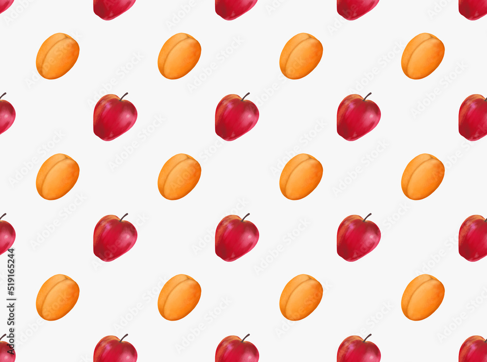 Seamless fruit pattern with apples and apricots isolated on a white background. Decorative element and wrapping paper. Seamless fruit pattern with apples and apricots isolated on a white background. Decorative element and wrapping paper.