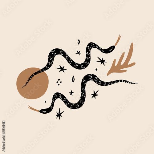 Magic snake with moon and stars clipart. Mystical dark boho style symbolic, distressed witchy gothic spiritual illustration, ethnic astrological rite symbol, good for tattoo.