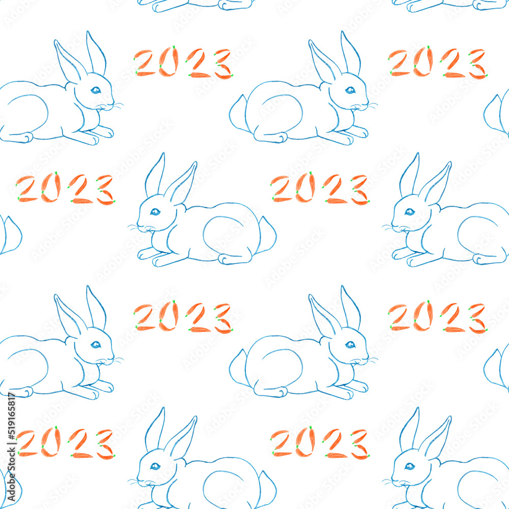 Obraz premium Seamless pattern with rabbit and carrots hand drawn with colored pencils