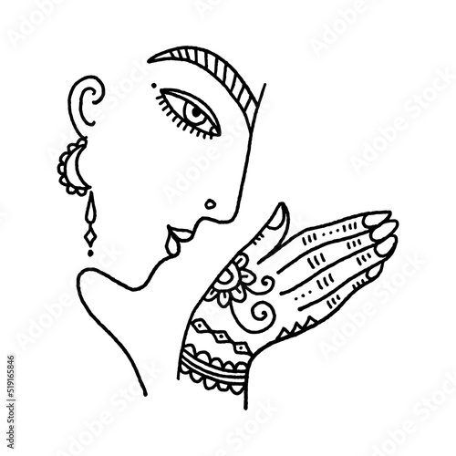Namaste woman henna tattoo mehendi hands. Indian and Buddhism illustration. Vector clipart symbol. Good for yoga studio poster, branding, t-shirt and more.