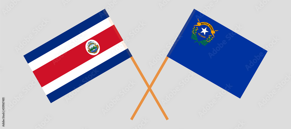 Crossed flags of Costa Rica and The State of Nevada. Official colors. Correct proportion