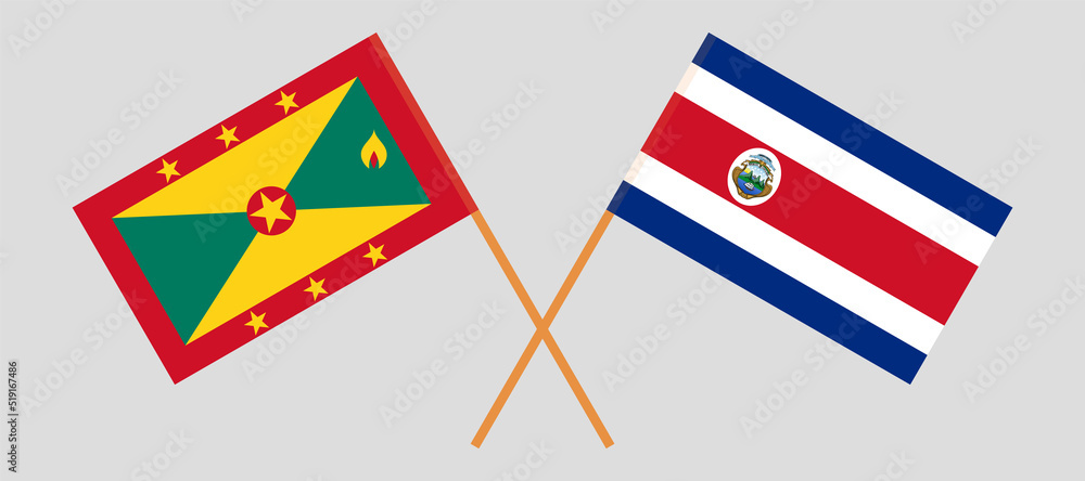 Crossed flags of Grenada and Costa Rica. Official colors. Correct proportion