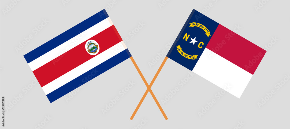 Crossed flags of Costa Rica and The State of North Carolina. Official colors. Correct proportion