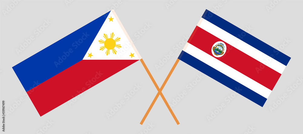 Crossed flags of the Philippines and Costa Rica. Official colors. Correct proportion
