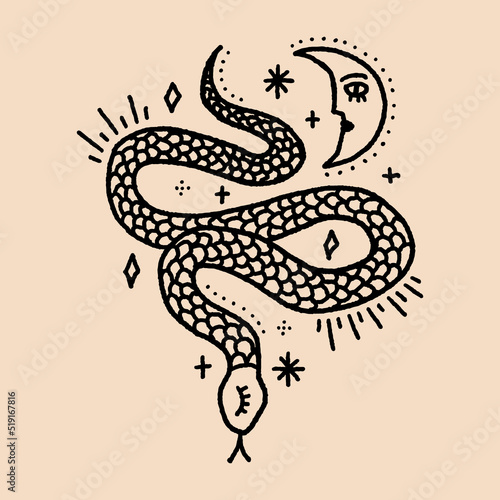 Magic snake with moon and stars clipart. Mystical dark boho style symbolic, distressed witchy gothic spiritual illustration, ethnic astrological rite symbol, good for tattoo.