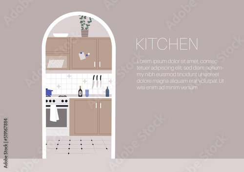 A kitchen viewed from the hall doorway, interior design, a copy space concept
