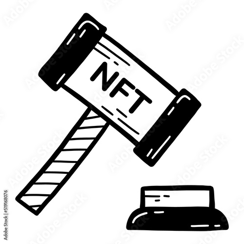NFT auction, judge's hammer and gavel doodle black icon