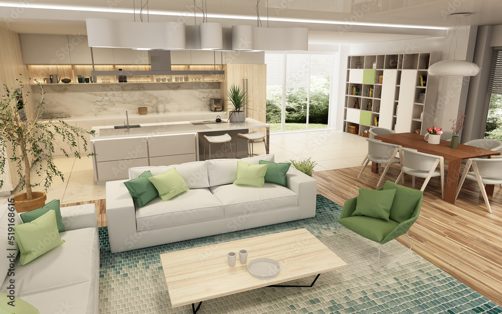 Modern interior of kitchen with living room. 3d render Modern interior of kitchen with living room. 3d render