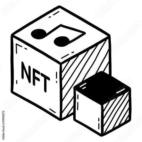 NFT ownership of music, cubes with notes and melody doodle cryptocurrency icon