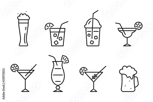 Black cocktails and beer icon. Contour drink in mugwith irish cream with figured foam in glass cup. Lemonade with ice in glass with lid. Popular pina colada with pineapple vector wedge