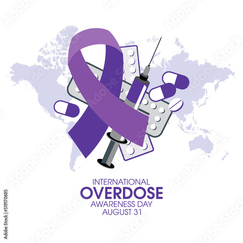 International Overdose Awareness Day vector. Purple awareness ribbon and pile of drugs icon vector. August 31. Important day
