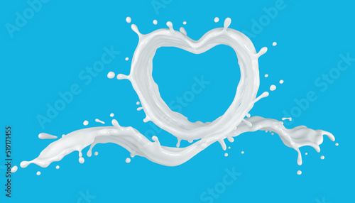 3d illustration of heart shape milk splash on blue background with clipping path