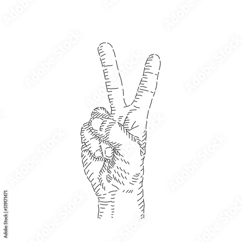Boceto lineal de mano signo de paz, dibujo.