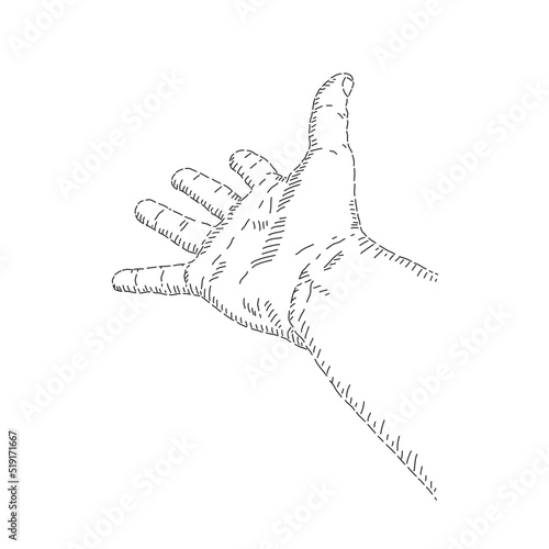 Bosquejo de mano pide ayuda, mano extendida. Dibujo artistico.