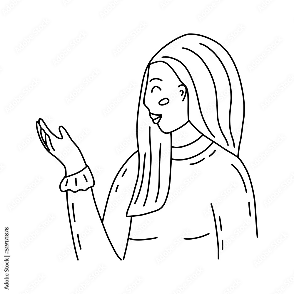 Cute young girl with long hair smiles, moving her hand to the side. Black and white vector isolated doodle illustration contour Cute young girl with long hair smiles, moving her hand to the side. Black and white vector isolated doodle illustration contour