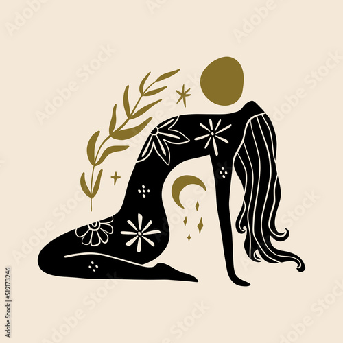 Divine goddess vector clipart illustration. Boho sacred magic woman. Mystical symbol flat holistic art. Healing meditation Reiki concept. New Age concept modern abstract silhouette.
