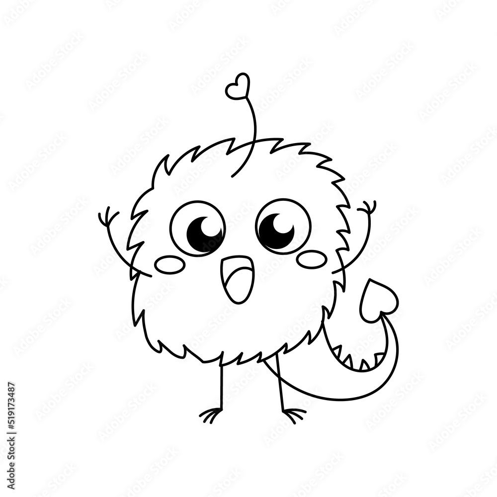 Cute and funny baby monster coloring book page for kids with doodle and