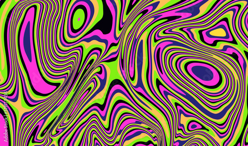 The 1970s-style wavy retro background in a psychedelic bright acidic colors.