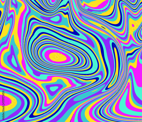 The 1970s-style wavy retro background in a psychedelic bright acidic colors.