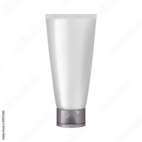 Squeeze tube packaging vector mockup. White blank plastic collapsible tube with screw flip top cap mock-up