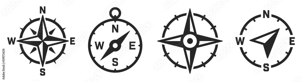 Compass icons set. Navigational compass, marine wind rose, nautical chart, geographical position flat icon. North, east, south, west symbols collection - stock vector. - obrazy, fototapety, plakaty 