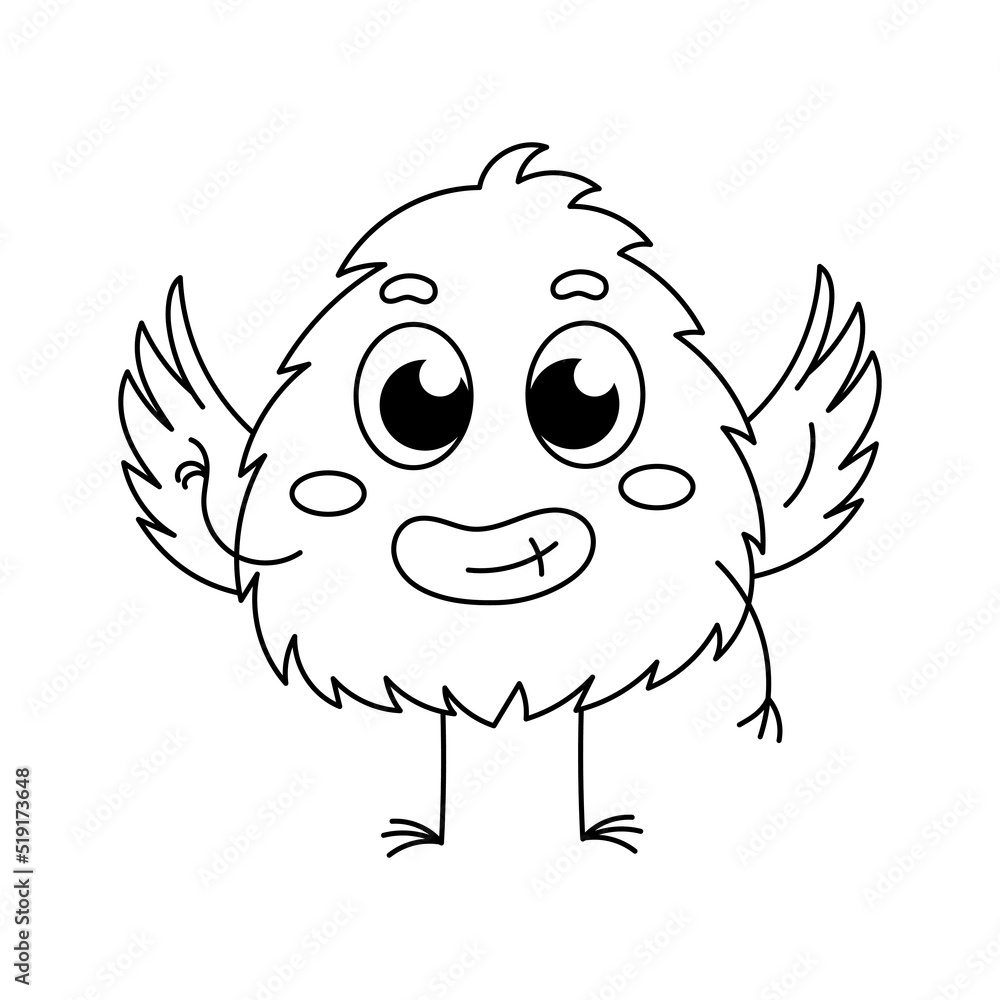 Cute and funny baby monster coloring book page for kids with doodle and zentangle elements. Vector hand drawn isolated.