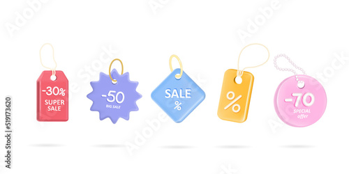 Set of shopping tags in 3d style, discount coupon of cash for future use. Special commercial bonuses. Vector icon isolated template.