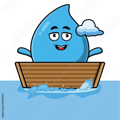 cute cartoon water drop get on boat in vector character illustration