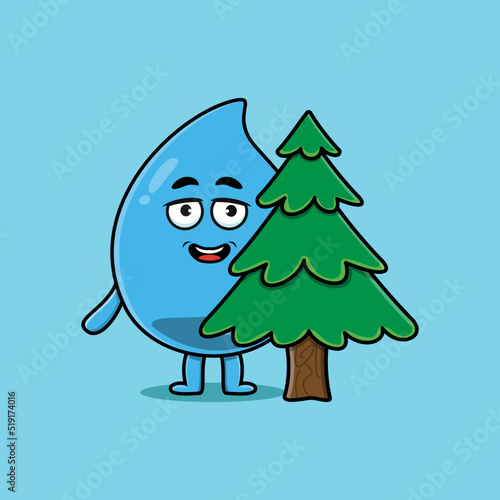 Cute cartoon Water drop character hiding tree in flat modern design 