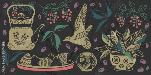 Vintage decorative vector illustration with folk elements. Hand drawn grunge style design. Retro art with painting of leaves, berries, gull, house plant, kettle, pear tray.