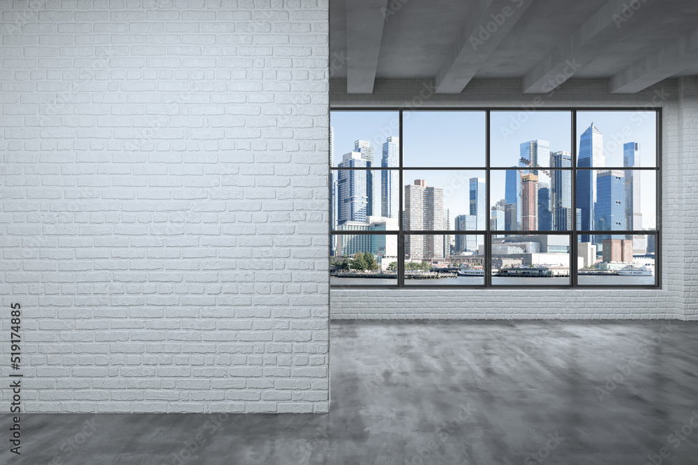 Fototapeta premium Midtown New York City Manhattan Skyline Buildings from High Rise Window. Mockup white wall. Real Estate. Empty room Interior Skyscrapers View Cityscape. Day time. Hudson Yards West Side. 3d rendering